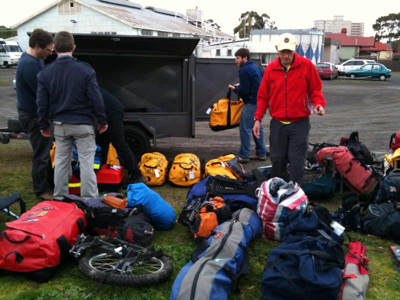  Loading gear in the trailer. Note wheel for stretcher and kit bags with steep snow and ice equipment.